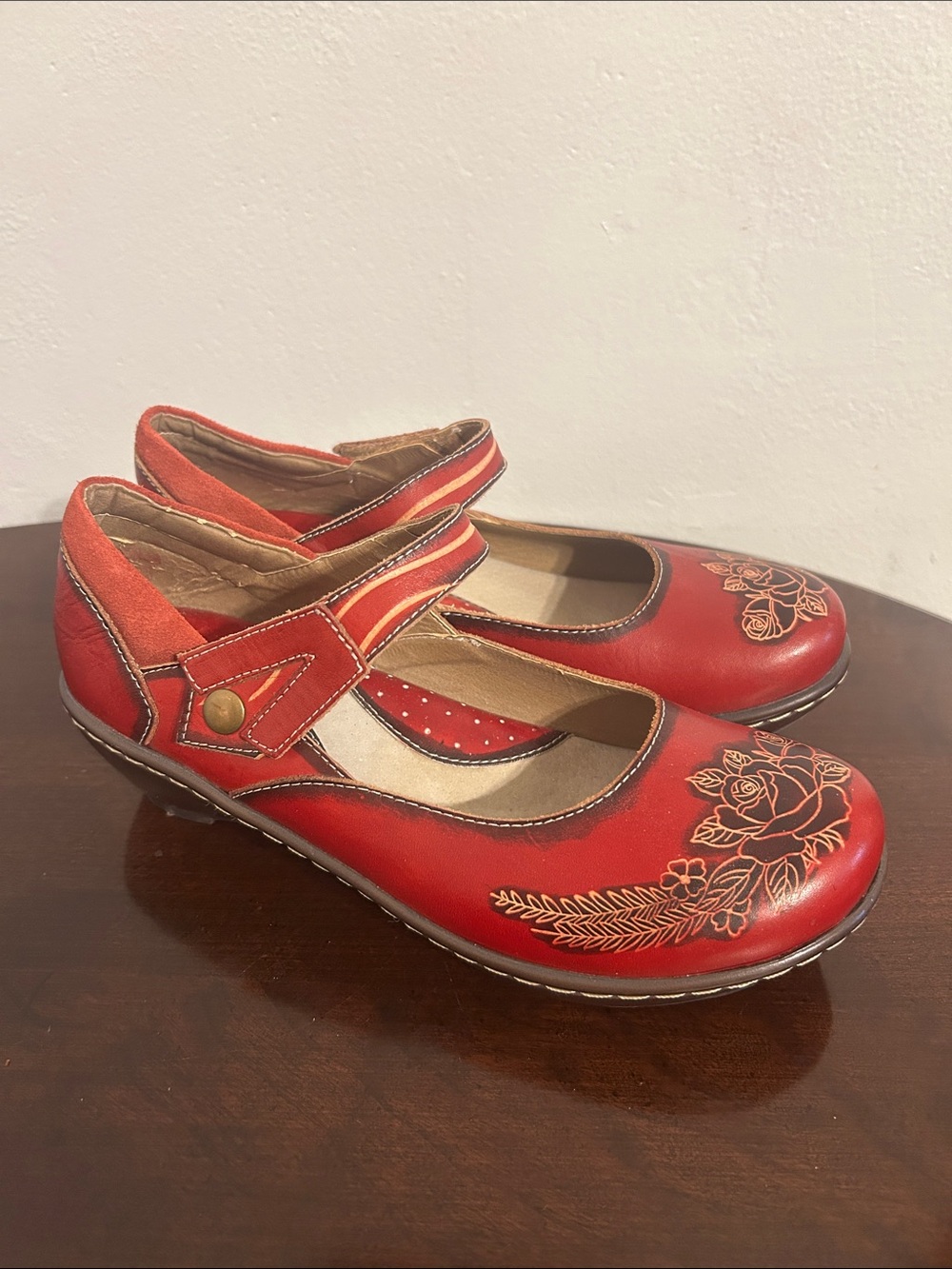 Spring Step Demitria Red Mary Jane Floral Leather Comfort Wedges